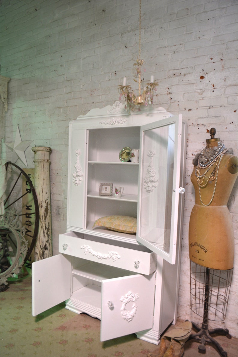 Painted Cottage Chic Shabby White Romantic French China Cabinetcc1077