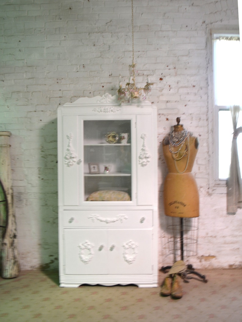 Painted Cottage Chic Shabby White Romantic French China Cabinetcc1077