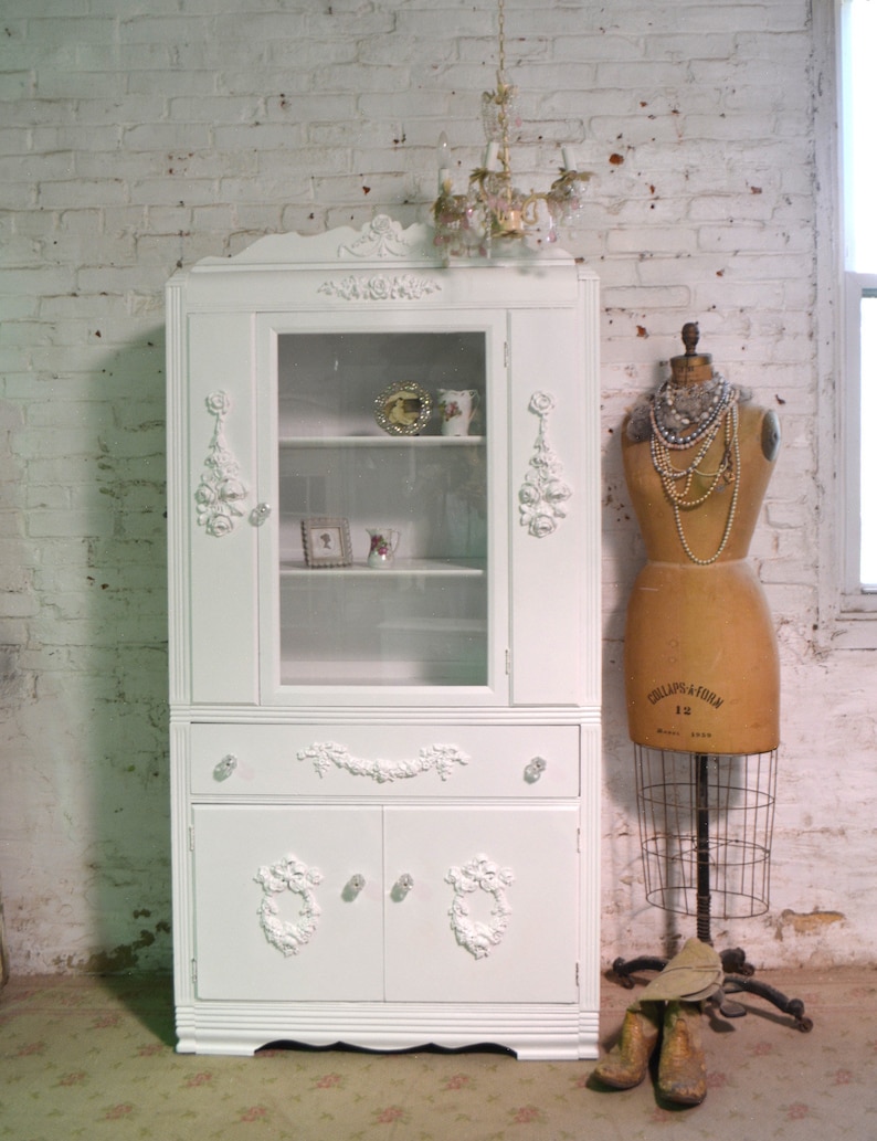 Painted Cottage Chic Shabby White Romantic French China Cabinetcc1077