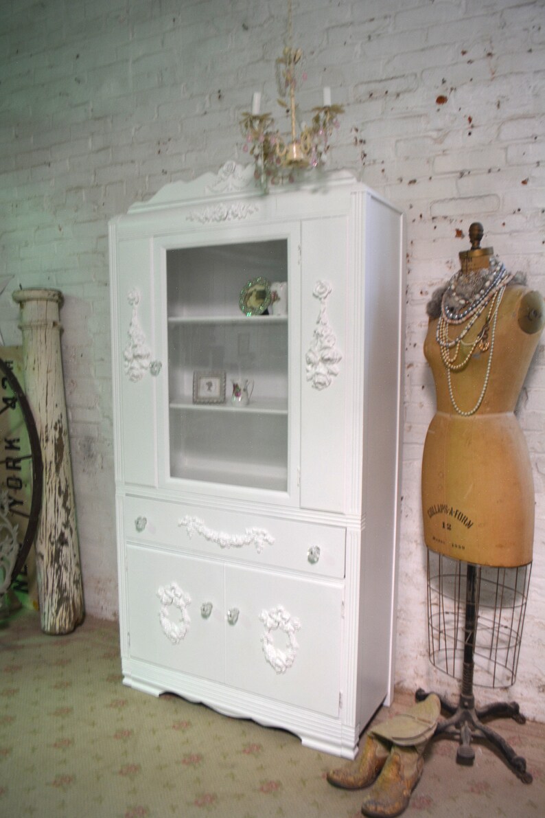 Painted Cottage Chic Shabby White Romantic French China Cabinetcc1077