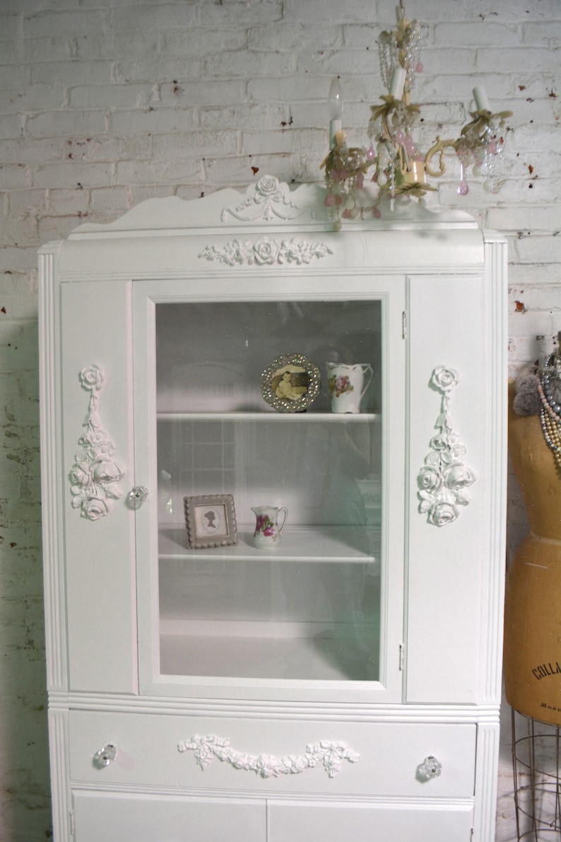 Painted Cottage Chic Shabby White Romantic French China Cabinetcc1077