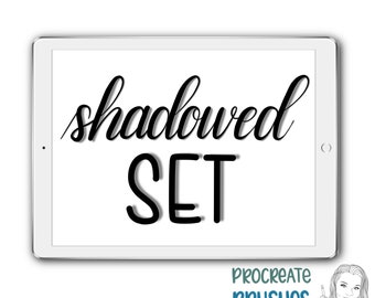 May include: A white tablet screen displaying the text "shadowed SET" in black cursive font. The text is on a white background. The tablet is on a white surface. The text "PROCREATE BRUSHES Cristin Aprils Art" is visible at the bottom of the image.