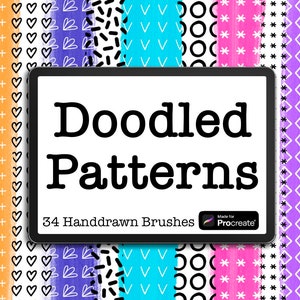 Könnte beinhalten: Ein digitaler Tablet-Bildschirm zeigt den Text "Doodled Patterns" und "34 Handdrawn Brushes" mit einem Procreate-Logo. Der Bildschirm ist umgeben von einer Collage aus 8 verschiedenen handgezeichneten Mustern in Schwarz, Weiß, Orange, Rosa, Lila und Blau.