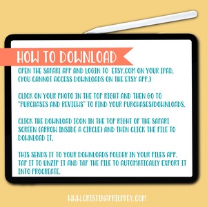 May include: A digital illustration on a tablet screen with a teal background and white text explaining how to download a digital product from Etsy.com on an iPad using the Safari app. The text includes the website address www.cristinaprilfrey.com.