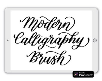 May include: A white tablet screen displaying the text "Modern Calligraphy Brush" in black cursive font. The text is centered on the screen. The Procreate app logo is visible in the lower right corner of the screen.