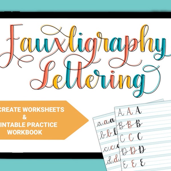 Faux Calligraphy, Lettering Practice Sheets, Printable Workbook, Procreate Lettering Guides, Lettering Worksheets, For Small Business, PDF