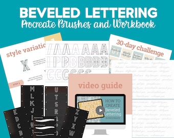 Lettering Practice Pages, Beveled Lettering Kit with Procreate Brushes, Tutorial, & Workbook by Cristin AF, Lettering Practice Sheets