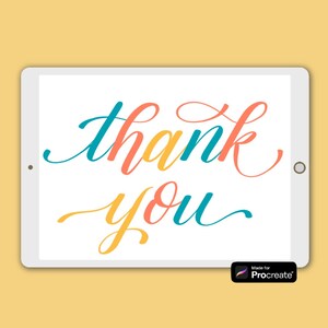 May include: A digital tablet displaying the words "thank you" in colorful cursive handwriting. The text is written in a light blue, orange, and yellow color scheme. The tablet is on a light yellow background. The text "Made for Procreate" is visible in the lower right corner of the image.