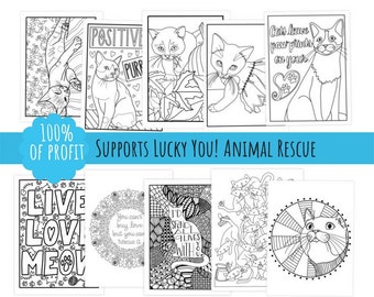 Printable Coloring Book, Cat Coloring Pages, Lucky You Animal Rescue, Gifts for Cat Lovers, Rescue Pets, Adopt Don't Shop, Shelter Volunteer