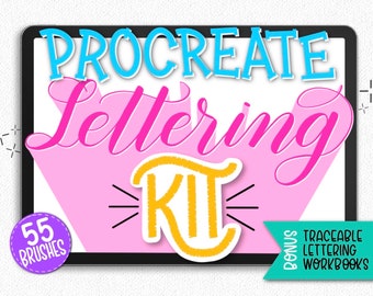 Procreate Lettering Kit - 55 Procreate Brushes, Lettering Worksheets, Digital Hand Lettering Journal with Prompts, Modern Calligraphy Kit