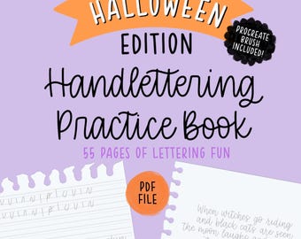 May include: A digital Halloween Edition Handlettering Practice Book with 55 pages. The cover features orange and black text on a light purple background, including a Procreate brush included badge and a PDF file orange circle icon.