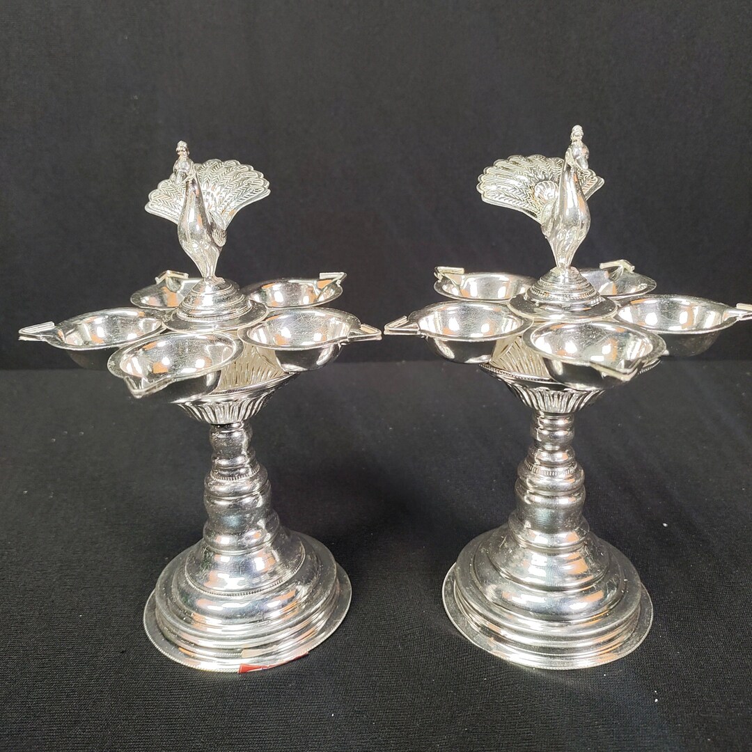 Pure Silver Peacock Design Lamp Stand Pair 207g, Silver Panchmukhi ...