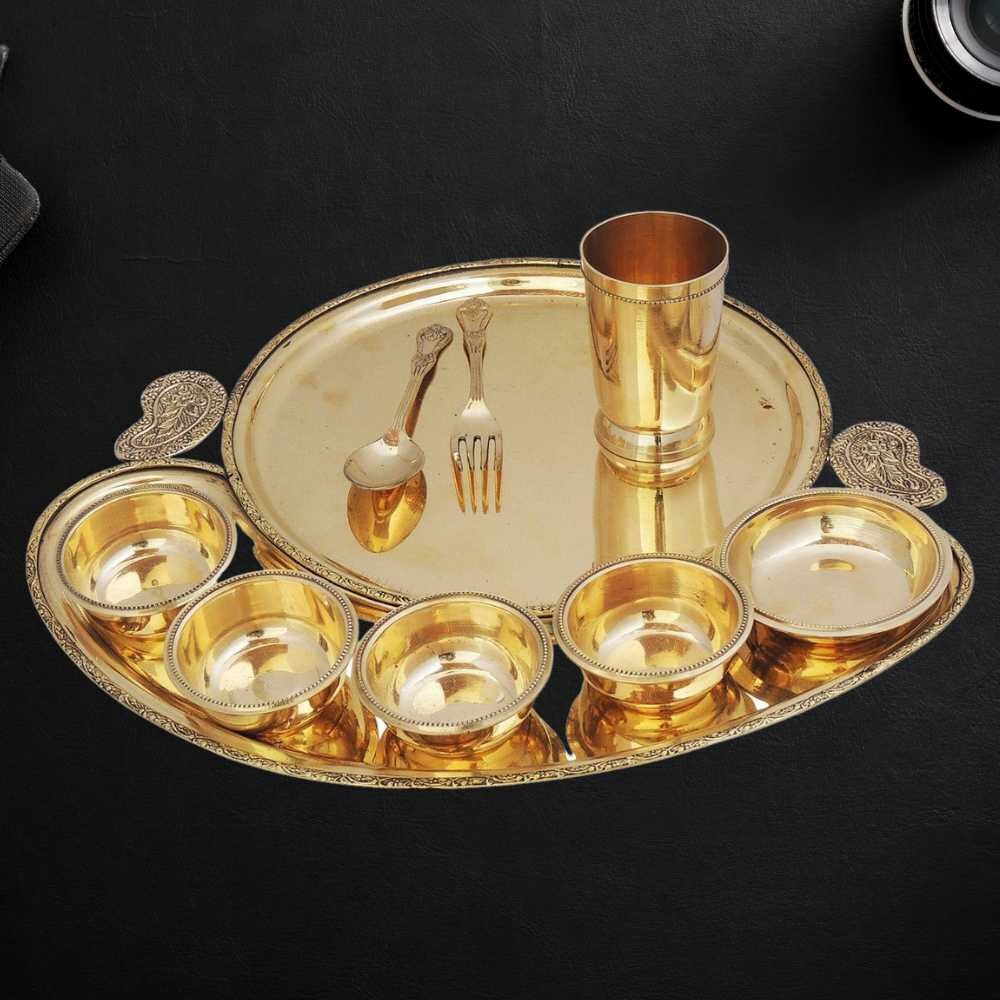 Pure Brass Hammered Design 7 Pieces Dinner Setthali Set of 1 Plate, 1  Glass, 1 Spoon, 1 Small Plate & 3 Bowls Color Gold 