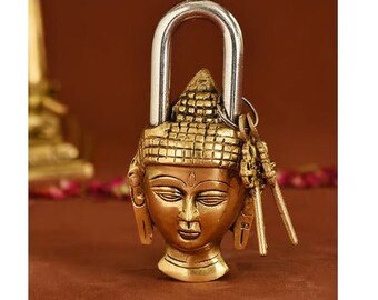 Brass Showpiece & Working Buddha Shape Lock, Buddha Brass Padlock Antique Design Lock Home Decor Handmade, Brass Fish Lock