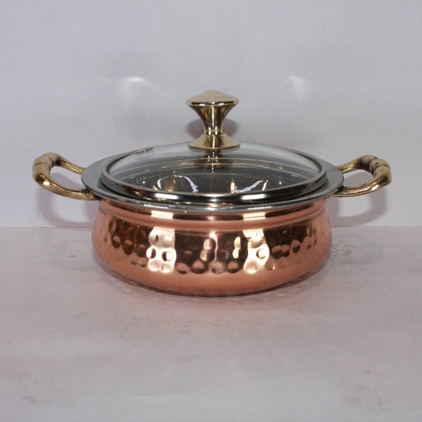 Steel Copper Kadai With Glass Cover 1,004g (Pack of 2), Pure Copper, Stainless Steel (inside) with Brass Handle Serving Dish with Glass Lid.