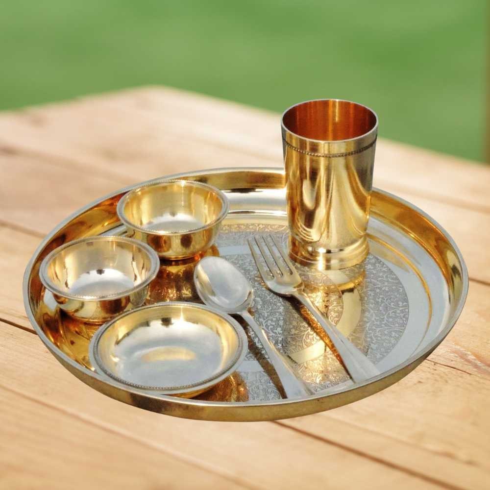 Pure Brass Thali Set 7 Pcs 1.12Kg, Pure Brass dinner set, traditional brass  dinnerware, Brass thali dinner set, dinnerware