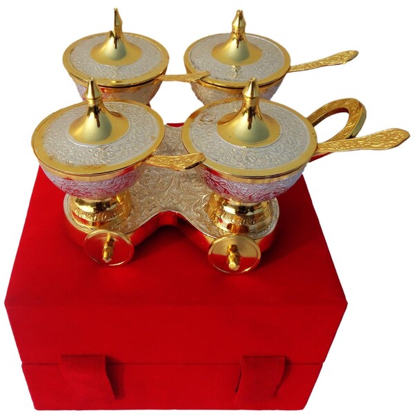 Brass Trolley 4 wali 2 tones with Spoon 1.512kg, Royal Mughlai Style Brass Trolley Bowl Set for Home Décor and Gift Tableware