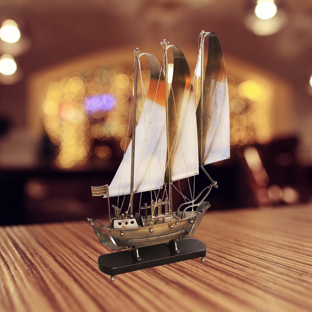 Brass Table Decor Showpiece Ship With Wooden Base With Brass and Wooden