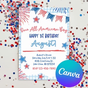 One All-American Boy birthday party invitation, Red White and Blue 4th of July party, First birthday for boys, Patriotic birthday invite