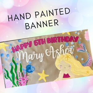 Mermaid birthday banner, CUSTOMIZABLE, Under the sea painted banner, Mermaid party decor, girls birthday party theme, Ocean birthday party