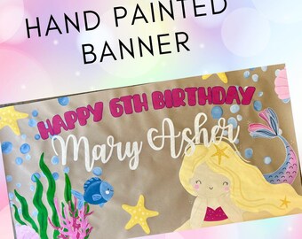 Mermaid birthday banner, CUSTOMIZABLE, Under the sea painted banner, Mermaid party decor, girls birthday party theme, Ocean birthday party