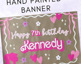Pink doll inspired birthday banner, CUSTOMIZABLE, pink birthday party decor, girls birthday party ideas, pink party decor