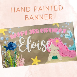 Mermaid birthday banner, CUSTOMIZABLE, Under the sea painted banner, Mermaid party decor, girls birthday party theme, Ocean birthday party