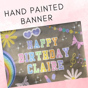 Custom Pastel Rainbow Birthday Banner, Groovy Party Sign,  Coquette Butterfly Party decor, Retro Daisy Birthday Decor, Chenille Letter Party