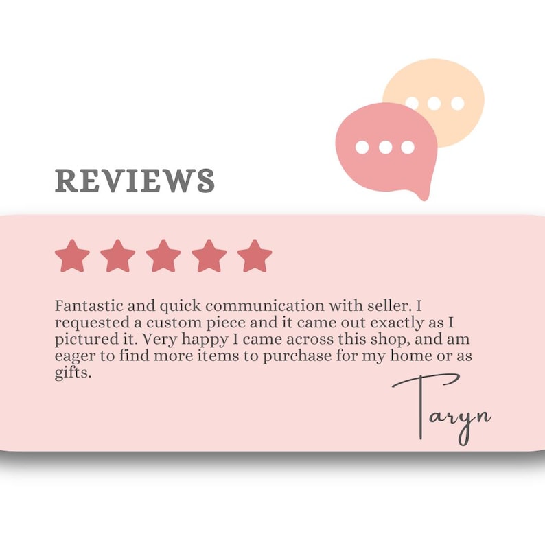 K&ouml;nnte beinhalten: Grafik mit dem Wort &bdquo;REVIEWS&ldquo; in dunkelgrauem Text. Darunter f&uuml;nf rote Sterne, gefolgt von Kundenfeedback. Das Feedback erw&auml;hnt schnelle Kommunikation und ein individuelles St&uuml;ck. Der Name des Kunden, Taryn, steht unten.