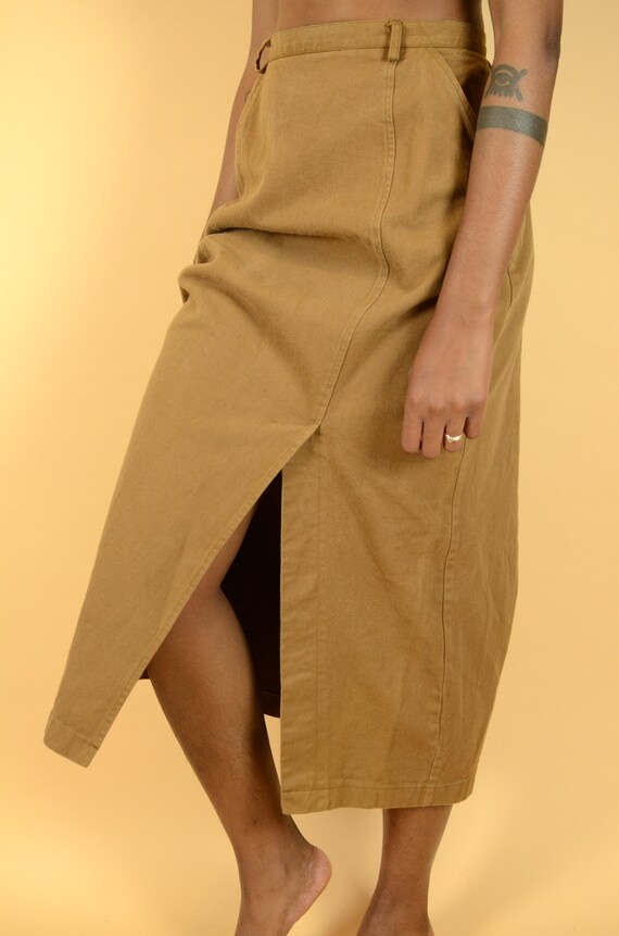 Vintage Brown Denim High Rise Midi Skirt w/ Split