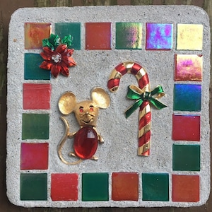 Mixed Media Ornament &quot;Christmas Mouse” Christmas, Mouse, Candy Cane, poinsettia, Fairy Treasure Stones