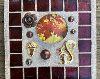 Mosaic Mixed Media "Fall Collage” squirrel, acorn, oak, fall, autumn, Treasure Stone