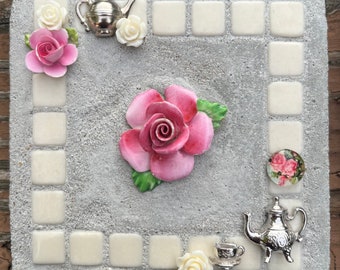 Mosaic Mixed Media “Pink Rose Tea" pink rose, pink, rose, English China, Tea, tea pot, Treasure Stone