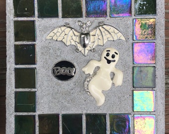 Mosaic Mixed Media "Halloween Spirits” Fall, Halloween, ghost, bat, Treasure Stone