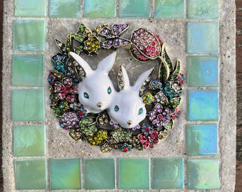 Mixed Media “Spring Blessings” Rabbits, Bunnies, Spring, blooms, Easter, Treasure Stone