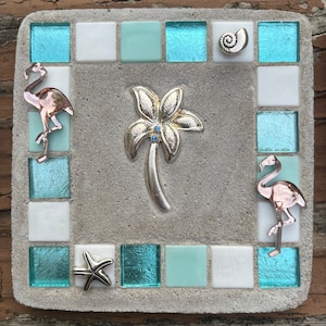 Mosaic Mixed Media, &quot;Flamingo Tropics&quot; palm tree, flamingo, flamingos, beach, Treasure Stone