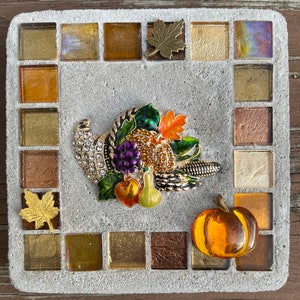 Mosaic Mixed Media &quot;Thanksgiving&quot; November, cornucopia, Harvest, Treasure Stone
