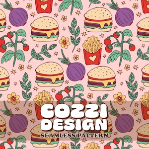 May include: A seamless pattern featuring a pink background with various illustrations, including burgers, french fries, tomatoes, figs, and flowers. The text "COZZI DESIGN" and "SEAMLESS PATTERN" is displayed at the bottom of the image.