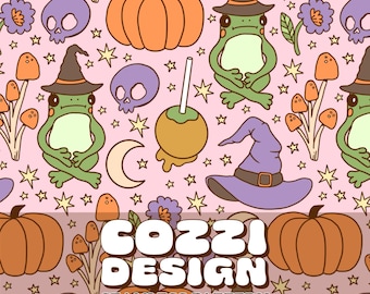 Witchy Halloween Seamless Pattern: Retro Frog, Pumpkin (Digital Download)