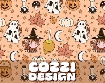 Cow Halloween Seamless Pattern: Pumpkin, Ghost, Witch (Digital Download)