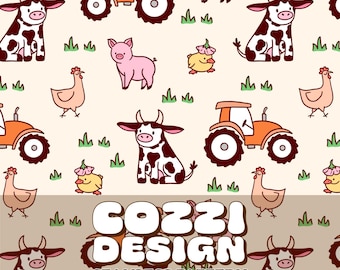 Farm Animals Seamless Pattern: Cow, Tractor Design (Digital Download)