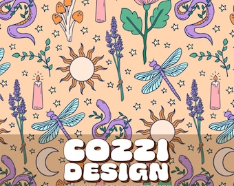 Celestial Lavender Seamless Pattern: Cottagecore Fabric Design (Digital Download)