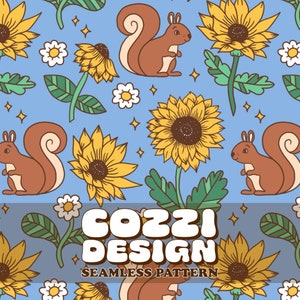 May include: A seamless pattern featuring cute cartoon squirrels and sunflowers on a light blue background. The pattern is perfect for fabric, wallpaper, or wrapping paper.