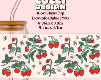 Strawberry Glass Cup PNG Wrap: 16oz Tumbler Pattern (Digital Download)