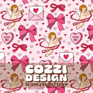 Coquette Bow Seamless Pattern, Downloadable Seamless Valentine Pattern for Fabrics, Digital Backgrounds, 5 Designs, Coquette Bows with Cupid