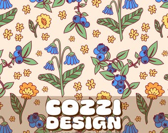 Blueberry Floral Seamless Pattern: Cottagecore Fabric Design (Digital Download)