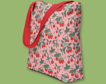 Strawberry Print Tote Bag: Cottagecore Style