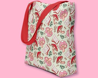 Bookish Mushroom Pattern Tote Bag, Book Lover Gift