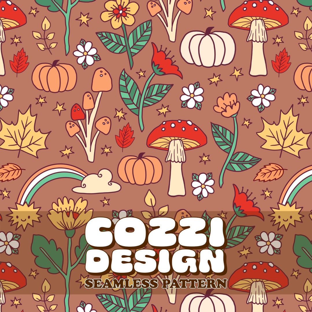 Cottagecore Fall Seamless Pattern: Pumpkin & Mushroom Designs (digital ...