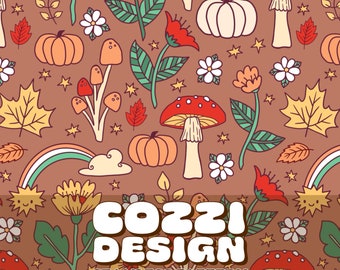 Cottagecore Fall Seamless Pattern: Pumpkin & Mushroom Designs (Digital Download)